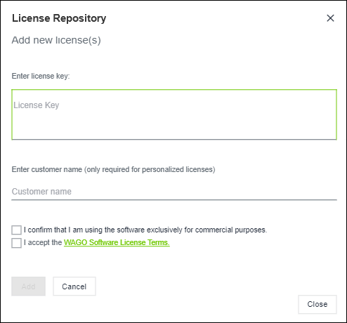 “License Repository – New License” Dialog