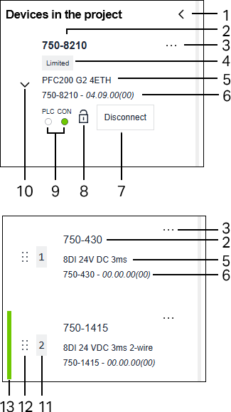 Devices in the Project – head station (top), I/O modules (if available, bottom)
