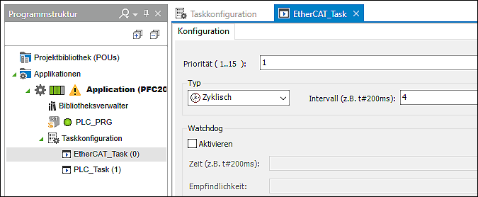 e!COCKPIT-Einstellungen unter Programmstruktur > Applikation > Taskkonfiguration