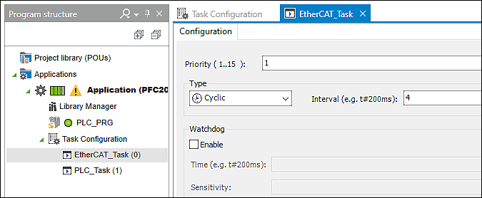 e!COCKPIT Settings under Program Structure > Application > Task Configuration