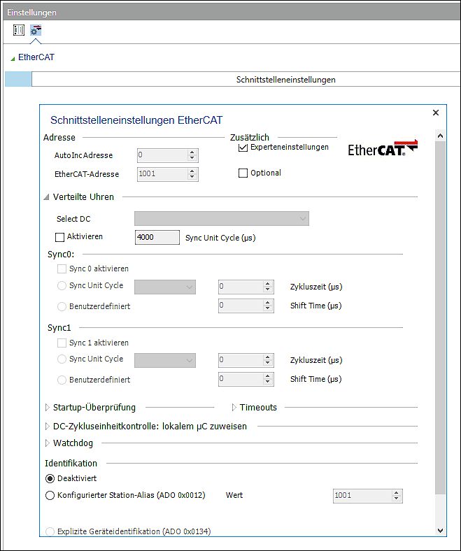 Bedienfeld „Einstellungen“ mit EtherCAT-Schnittstelleneinstellungen