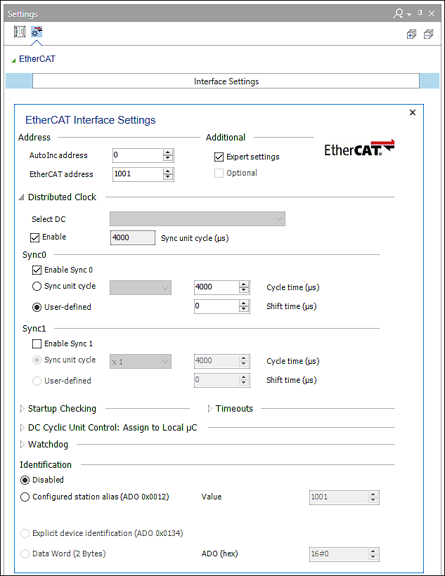 “Settings” panel with EtherCAT interface settings