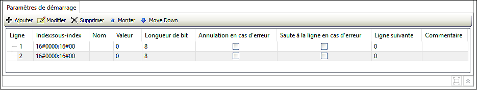 configurateur de points de données EtherCAT - Paramètres de démarrage