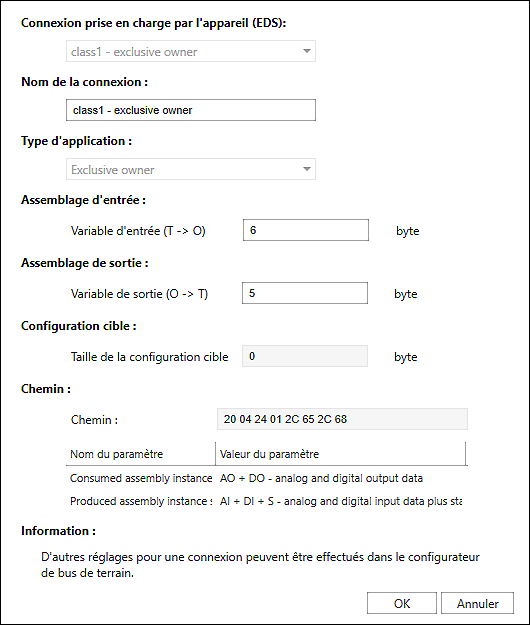 Fenêtre de dialogue pour ajouter ou modifier des connexions