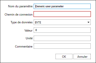 Fenêtre de dialogue pour l'ajout et la modification des paramètres utilisateur