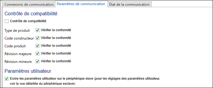 Configurateur de bus de terrain - Onglet « Paramètres de communication »