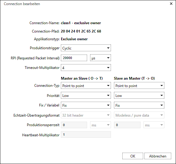 Feldbuskonfigurator – Dialogfenster „Connection bearbeiten“