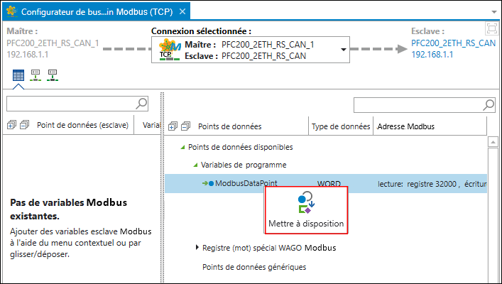 Mettre le point de données d'esclave à la disposition du maître