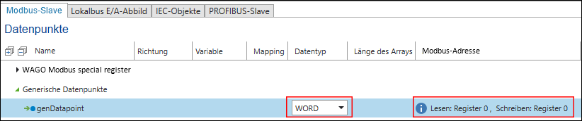 Datentyp und Modbus-Adresse auswählen