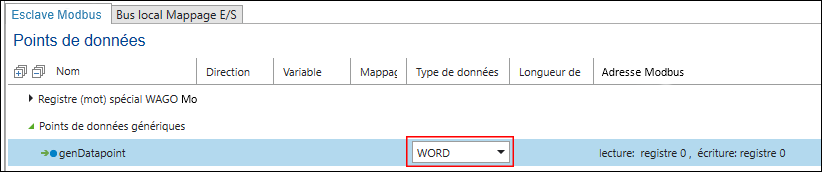 Sélectionner le type de données et l'adresse Modbus