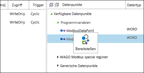 Kontextmenü verfügbarer Slave-Datenpunkte