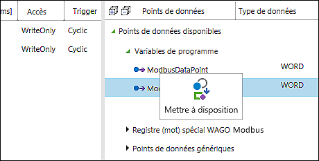 Menu contextuel des points de données d'esclave disponibles