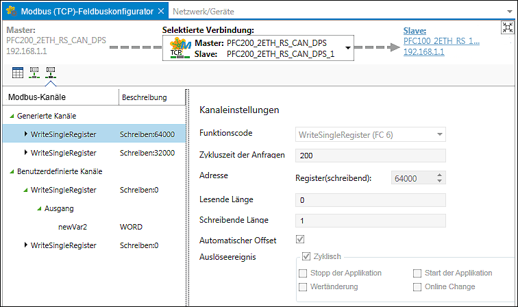Modbus-Feldbuskonfigurator – Register „Modbus-Kommunikationskanäle“