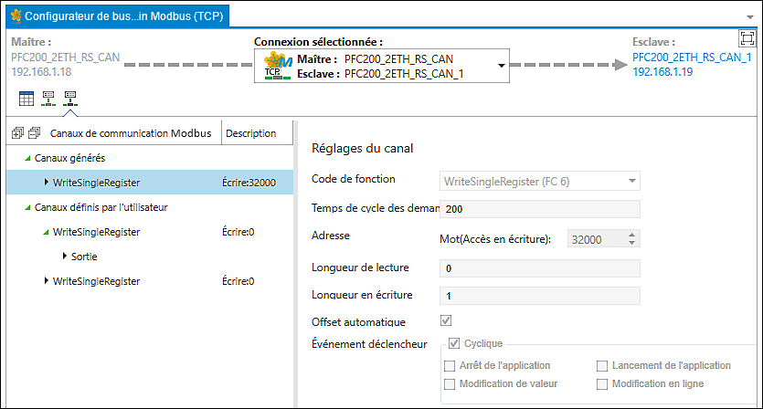 Configurateur de bus de terrain Modbus – Onglet « Canaux de communication Modbus »