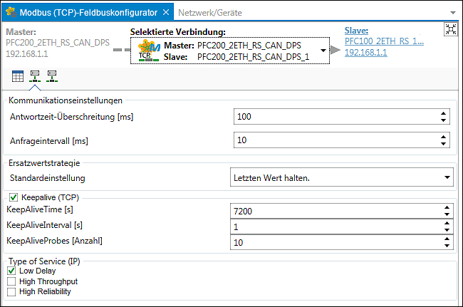 Modbus-Feldbuskonfigurator – Register „Verbindungseinstellungen“