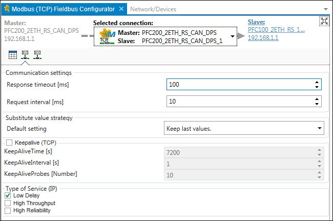 Modbus Fieldbus Configurator – “Connection Settings” Tab