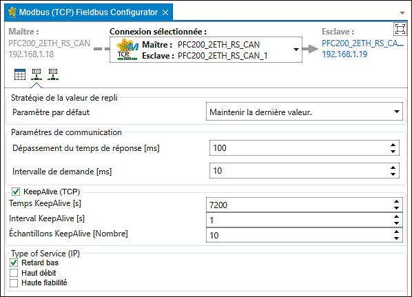 Configurateur de bus de terrain Modbus – Onglet « Paramétrages de connexion »