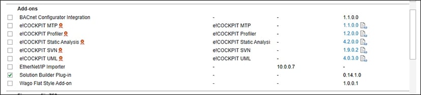 Liste „Add-ons“ mit aktiviertem Eintrag „WAGO Solution Builder Plug-in“