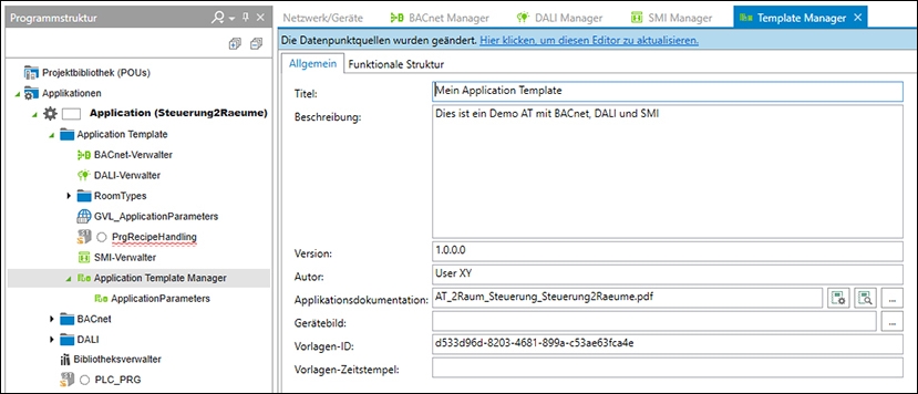 IEC-Entwicklungsumgebung: Programmstruktur und Arbeitsbereich des Application-Template-Managers.