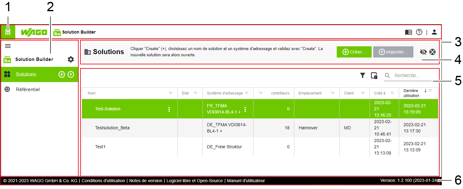 Structure de base de l'interface utilisateur graphique du logiciel WAGO Solution Builder – zones principales