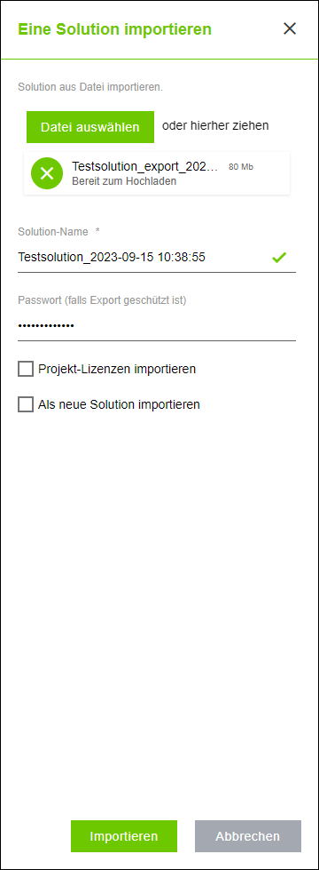 Seitenmenü > Dialog „Solution importieren“