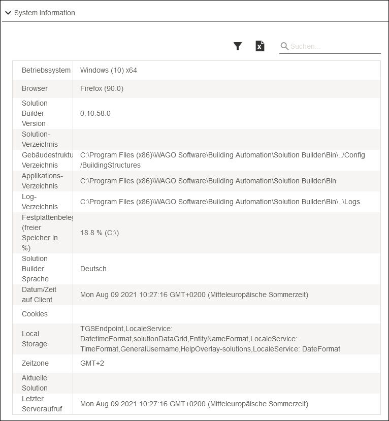 Seitenmenü > Einstellungen > Bereich „Systeminformationen“