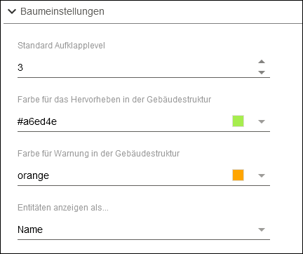 Seitenmenü > Einstellungen > Bereich „Baumeinstellungen“