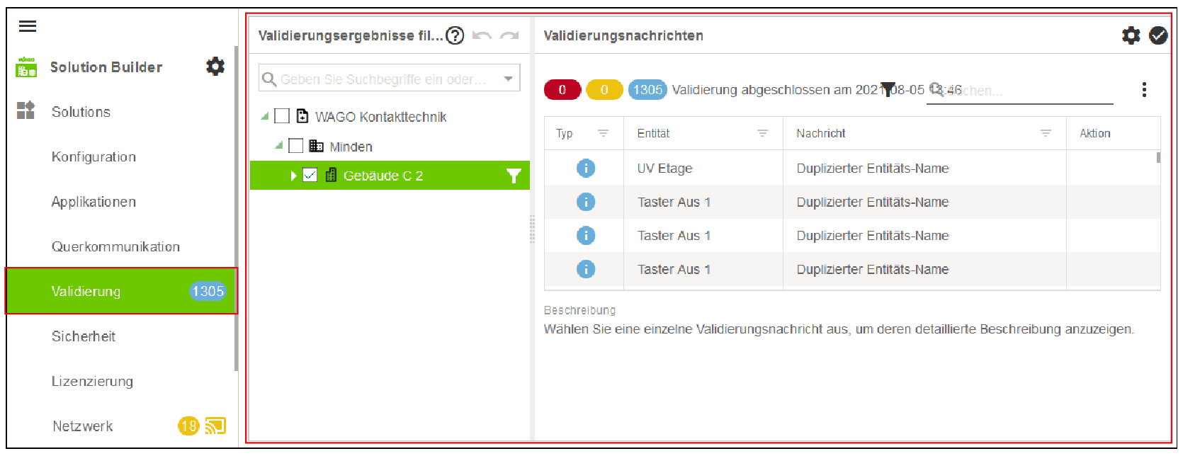 Seitenmenü > Menüpunkt „Validierung“