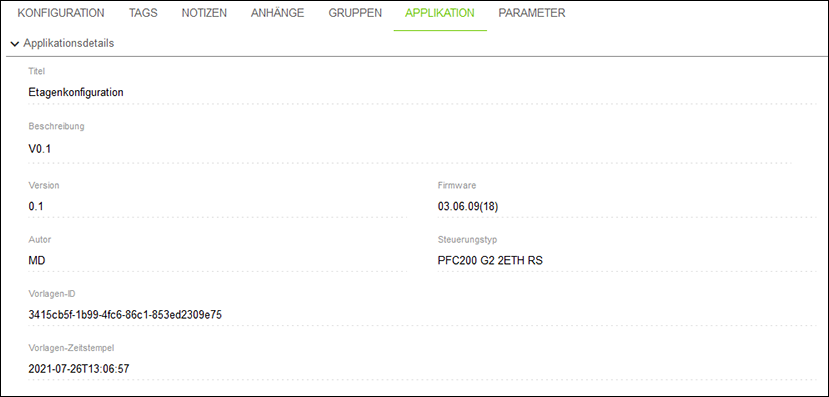 Seitenmenü > Menüpunkt „Konfiguration“ > Register „APPLIKATION“