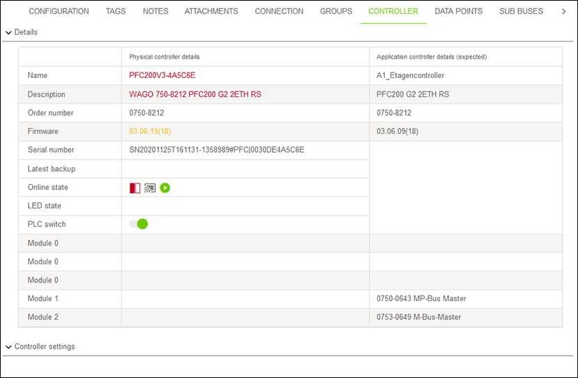 Side Menu > “Configuration” Menu Item > “CONTROLLER“ Tab > Details