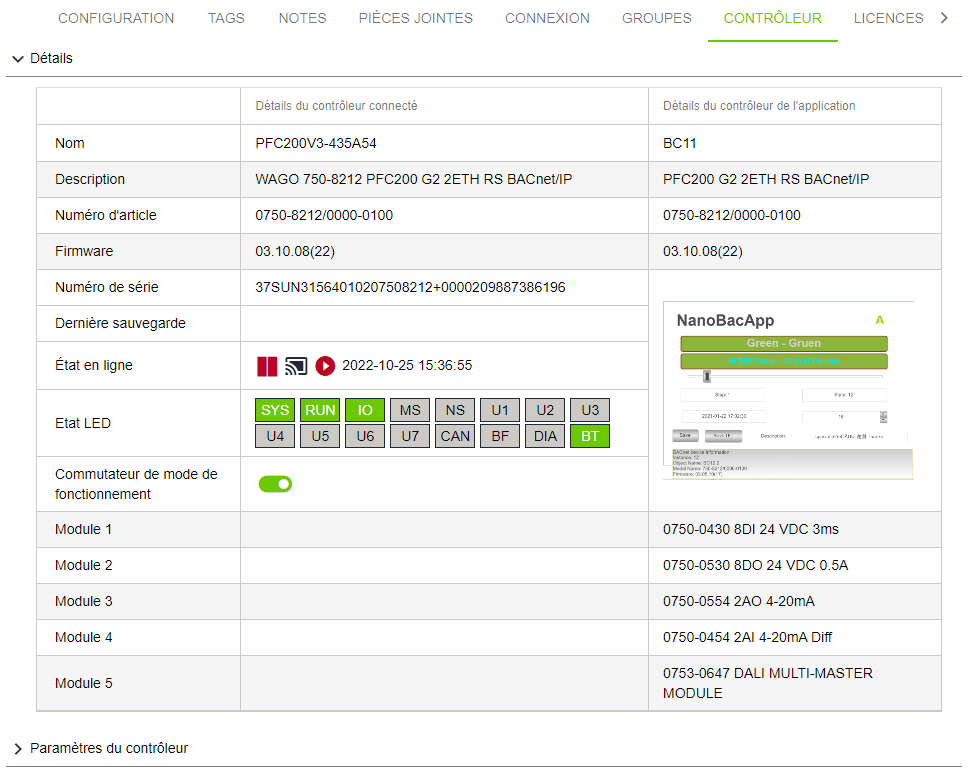 Menu latéral > Point de menu "Configuration" > Onglet "CONTROLEUR" > Détails