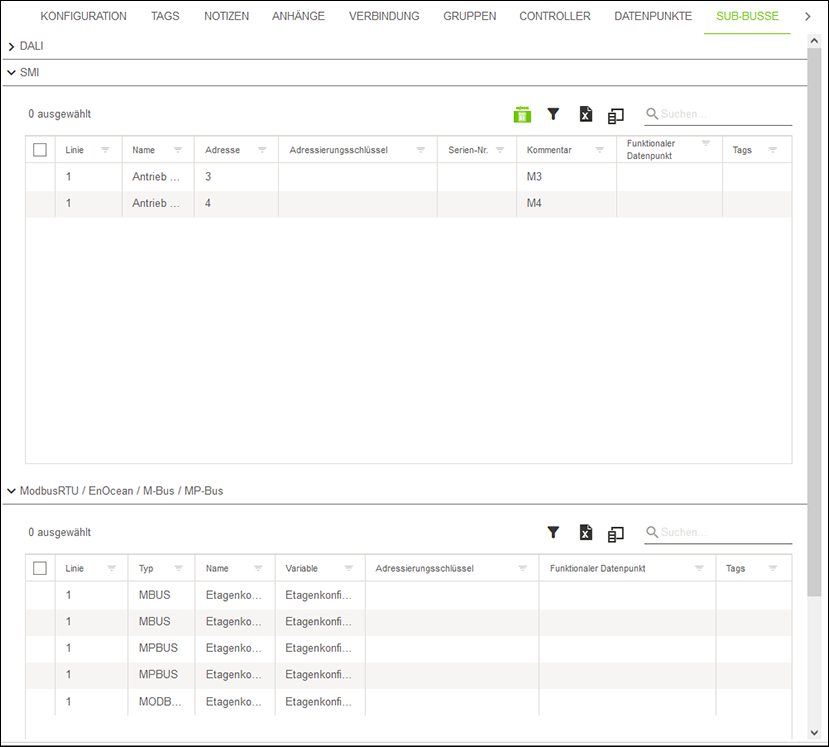 Seitenmenü > Menü „Solutions“ > Menüpunkt „Konfiguration“ > Register „SUB-BUSSE“ (Beispielabbildung)
