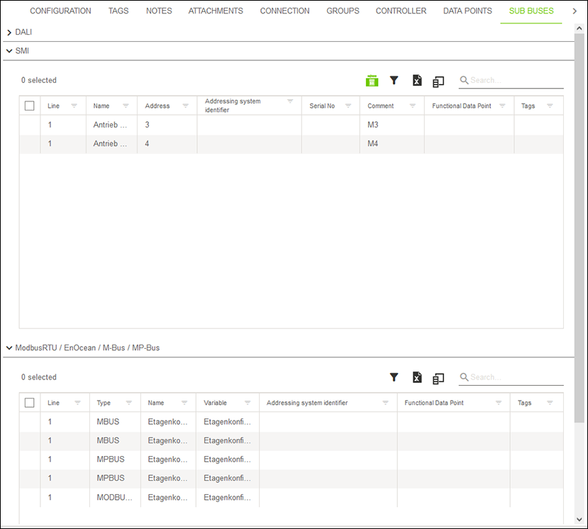 Side Menu > “Solutions” Menu > “Configuration” Menu Item > “SUB-BUSES” Tab (Example Illustration)