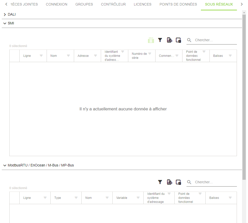 Menu latéral > Menu "Solutions" > Point de menu "Configuration" > Onglet "SOUS-BUS" (exemple de figure)