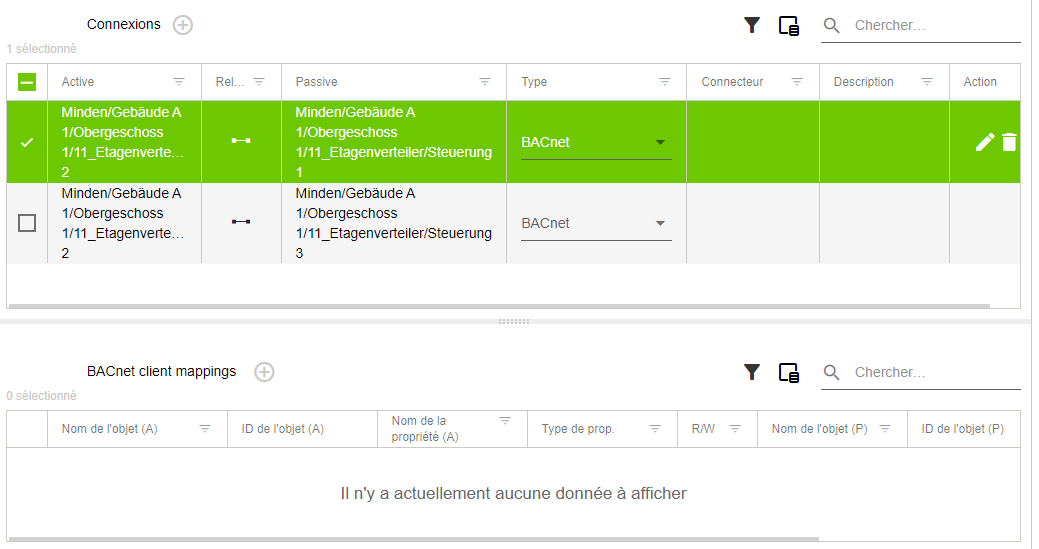 Menu latéral > Point de menu "Communication croisée" > Zone d'action lorsque "BACnet" est sélectionné