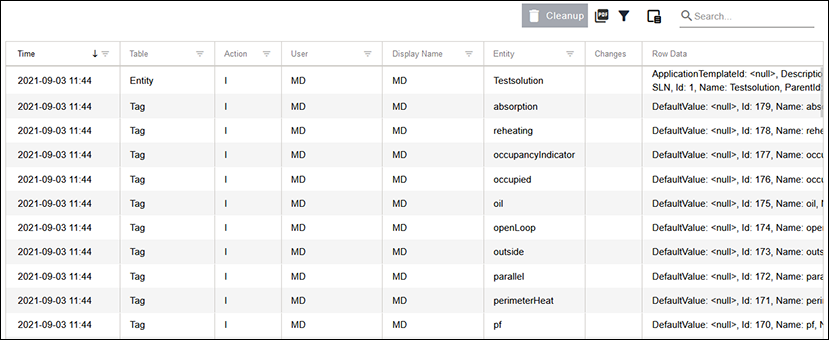 Side Menu > “Security” Menu Item > “Audit trail” Dialog
