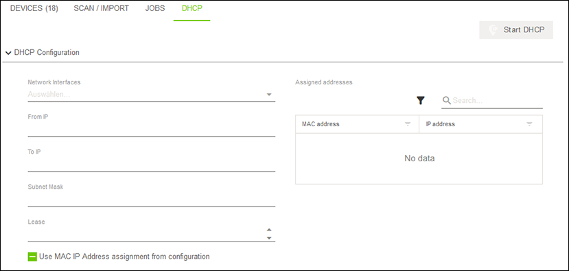 Side Menu > “Solutions” Menu Item > “Network” Menu Item > “DHCP” Tab