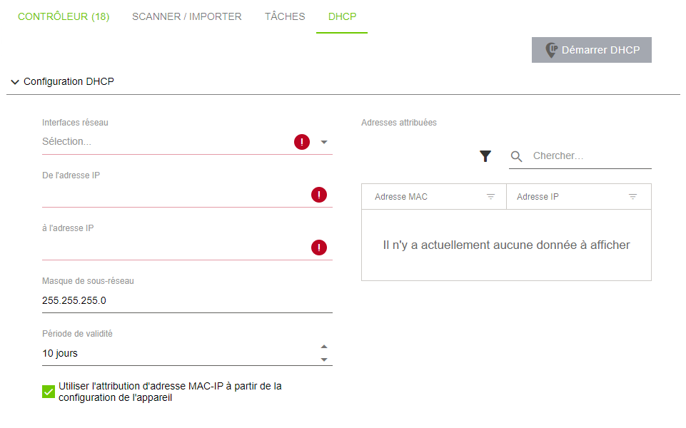 Menu latéral > Menu "Solutions" > Point de menu "Réseau" > Onglet "DHCP"