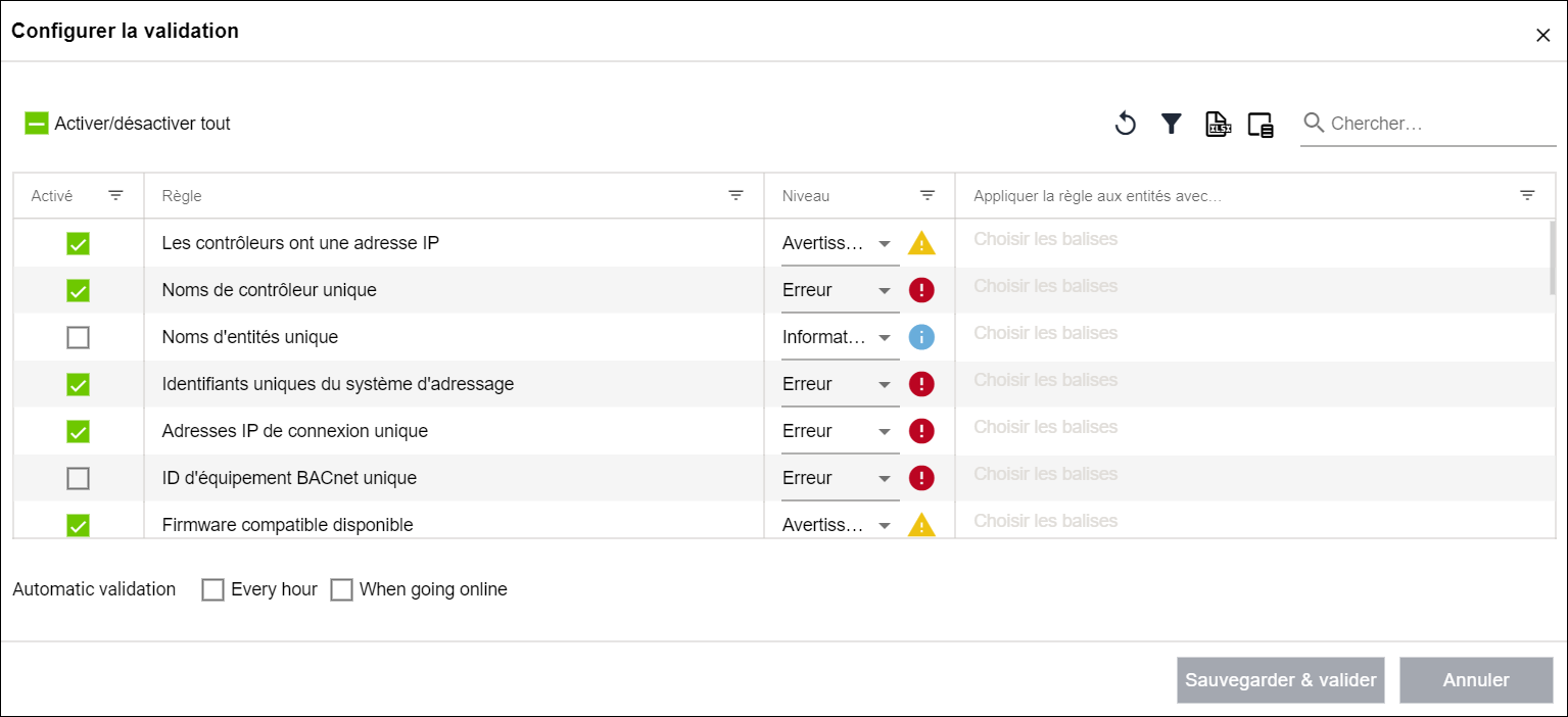 Menu latéral > Point de menu "Validation" > Boîte de dialogue "Configurer la validation"