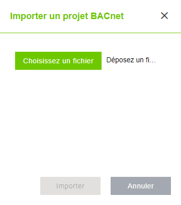Menu latéral > Point de menu "Réseau" > Onglet "NUMÉRISER / IMPORTER" > Boîte de dialogue "Importer un projet BACnet"