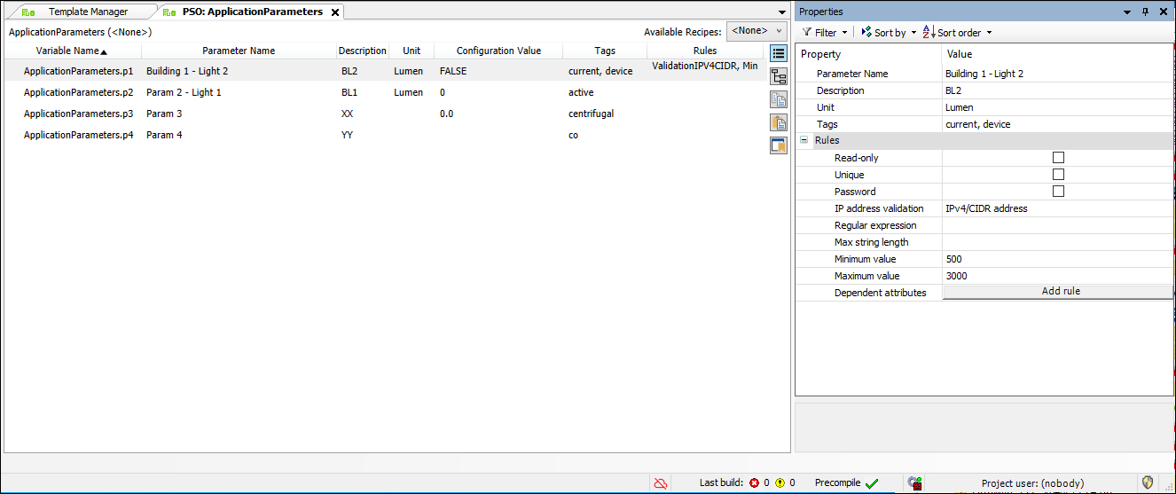 IEC Development Environment: Workspace of the Application Template Manager > Application Parameters