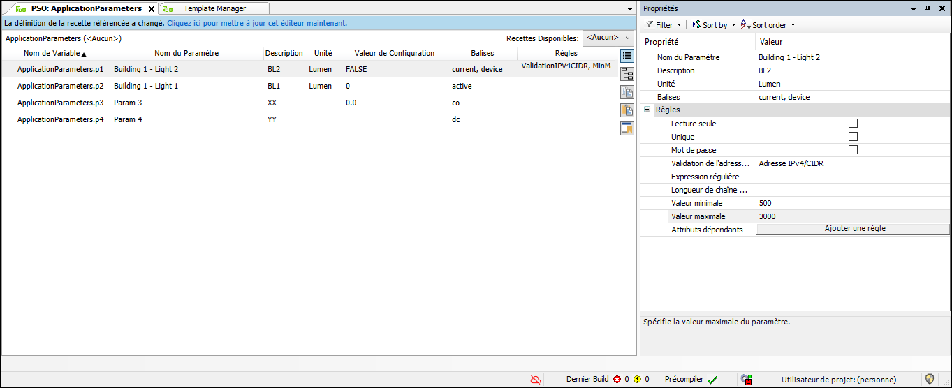 Environnement de programmation CEI : zone de travail de l'Application Template Manager > Paramètres de l'application
