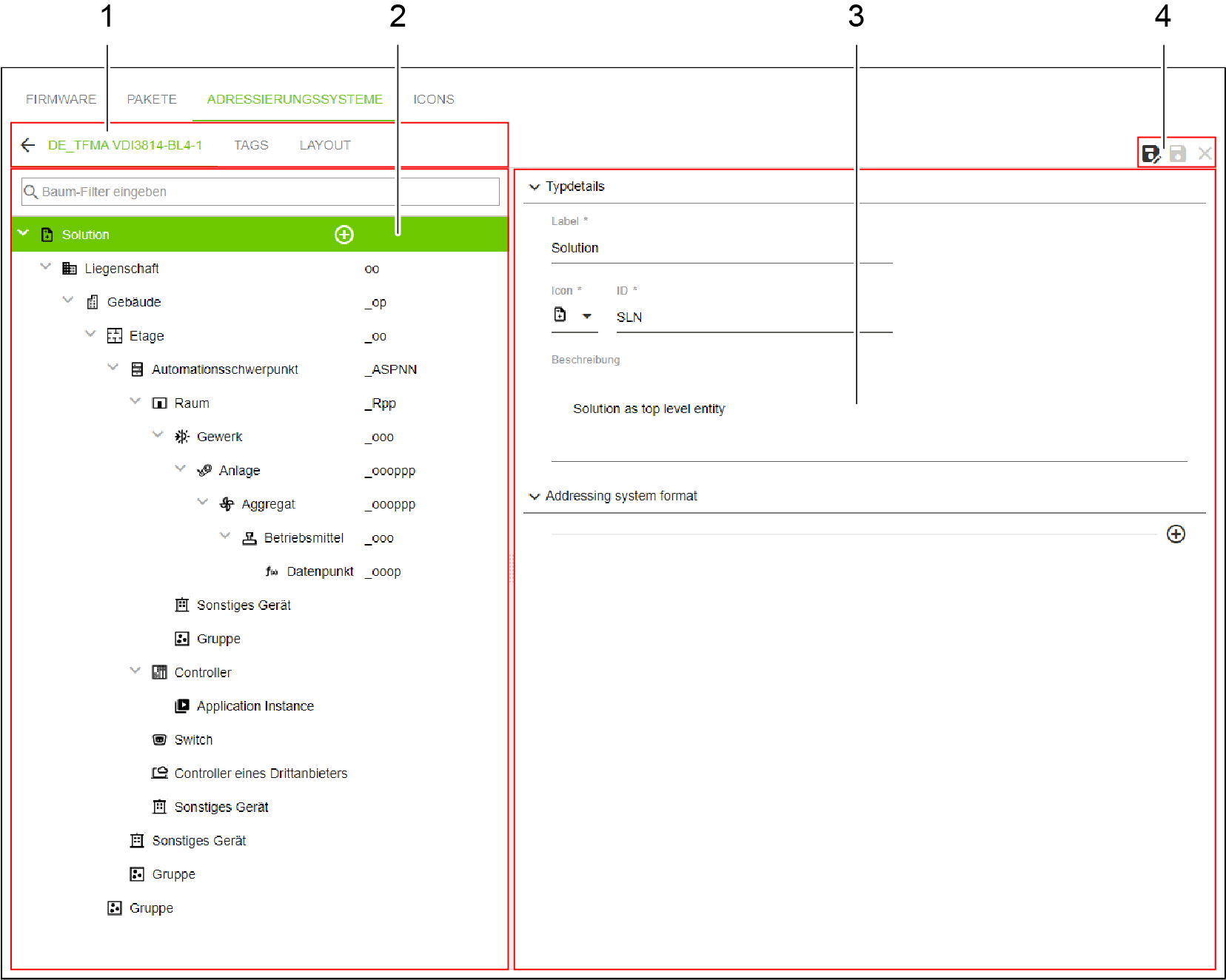 Seitenmenü > Repository > Register „ADRESSIERUNGSSYSTEME“ > Struktureditor