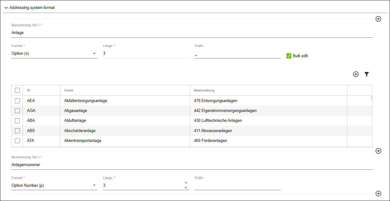 Seitenmenü > Repository > Register „ADRESSIERUNGSSYSTEME“ > Editor > Bereich „Adressing system format“