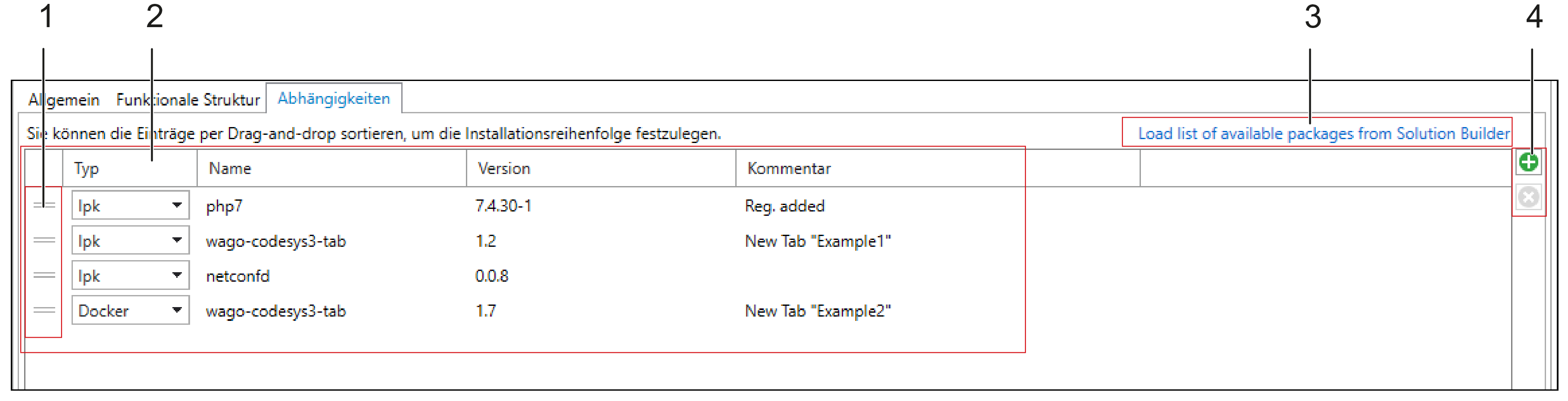IEC-Entwicklungsumgebung: Arbeitsbereich des Application-Template-Managers > Register „Abhängigkeiten“