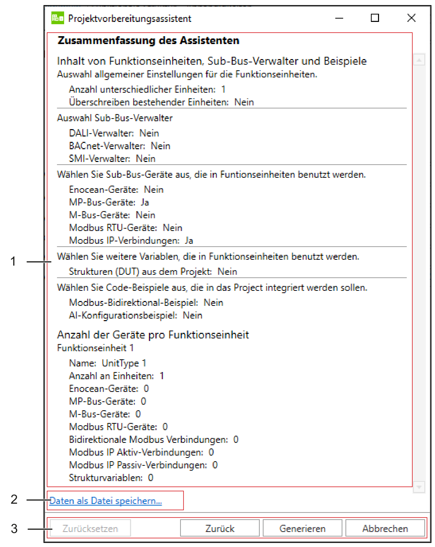 IEC-Entwicklungsumgebung: Dialogfenster des Anwendungsassistenten „Zusammenfassung des Assistenten“