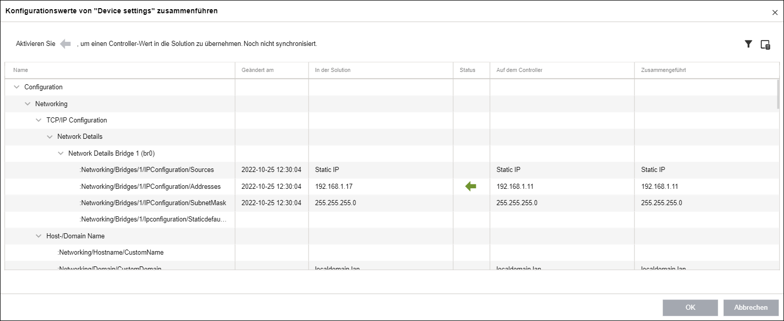 Seitenmenü > Menüpunkt „Netzwerk“ > Register „CONTROLLER“ > Detailliert zusammenführen > Dialog „Konfigurationswerte von Geräteparametern zusammenführen“