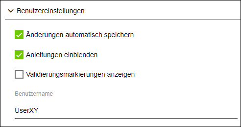 Seitenmenü > Einstellungen > Bereich „Benutzereinstellungen“