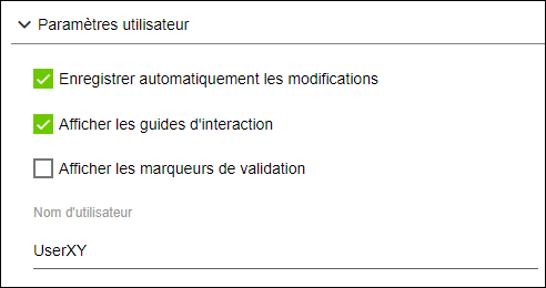 Menu latéral > Paramètres > Zone "Paramètres utilisateur"