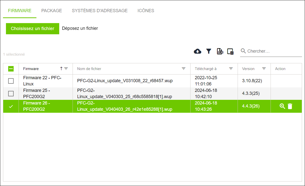 Menu latéral > Référentiel > Onglet "FIRMWARE"
